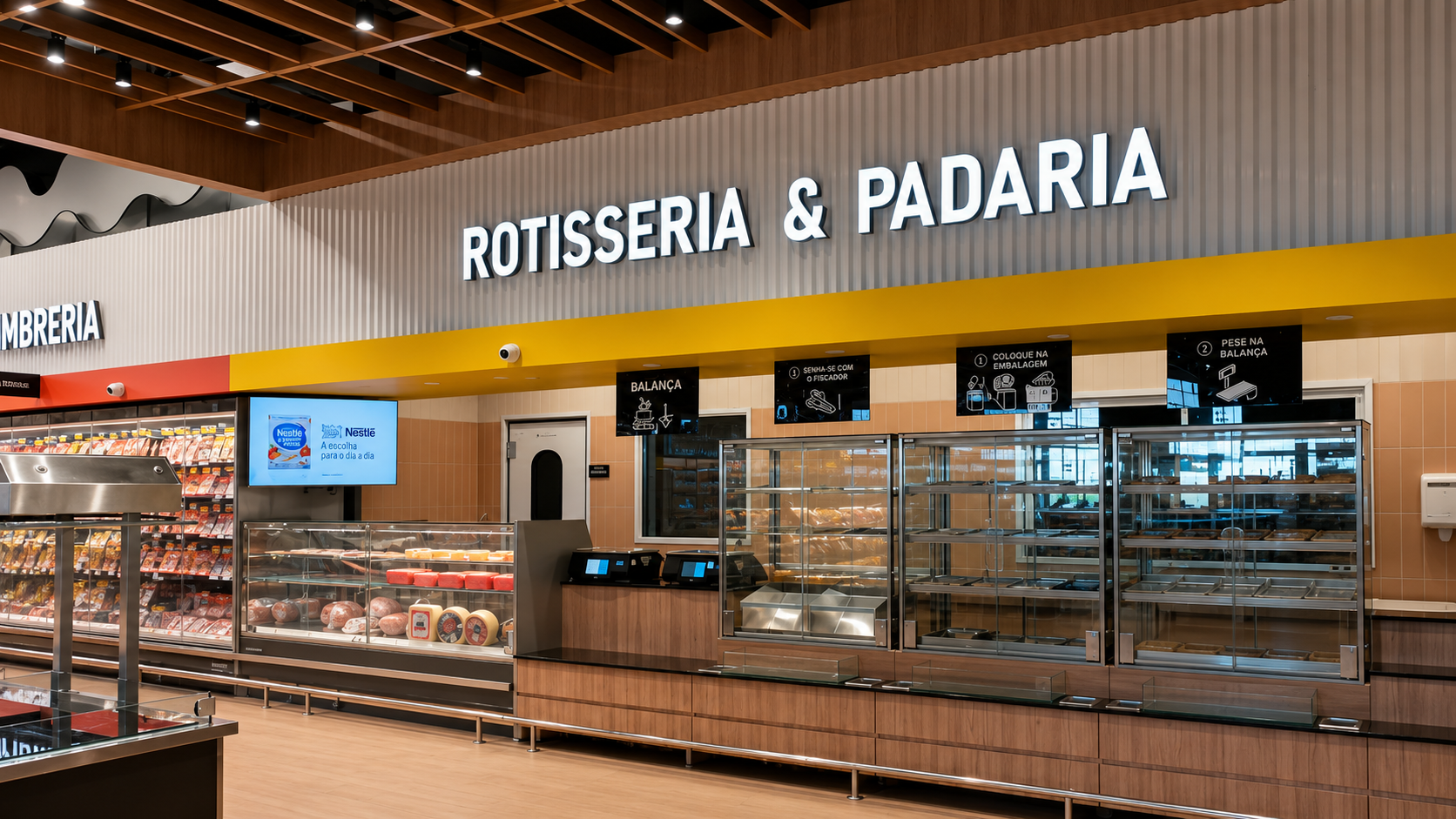 Letreiro iluminado Rotisseria & Padaria em interior de supermercado